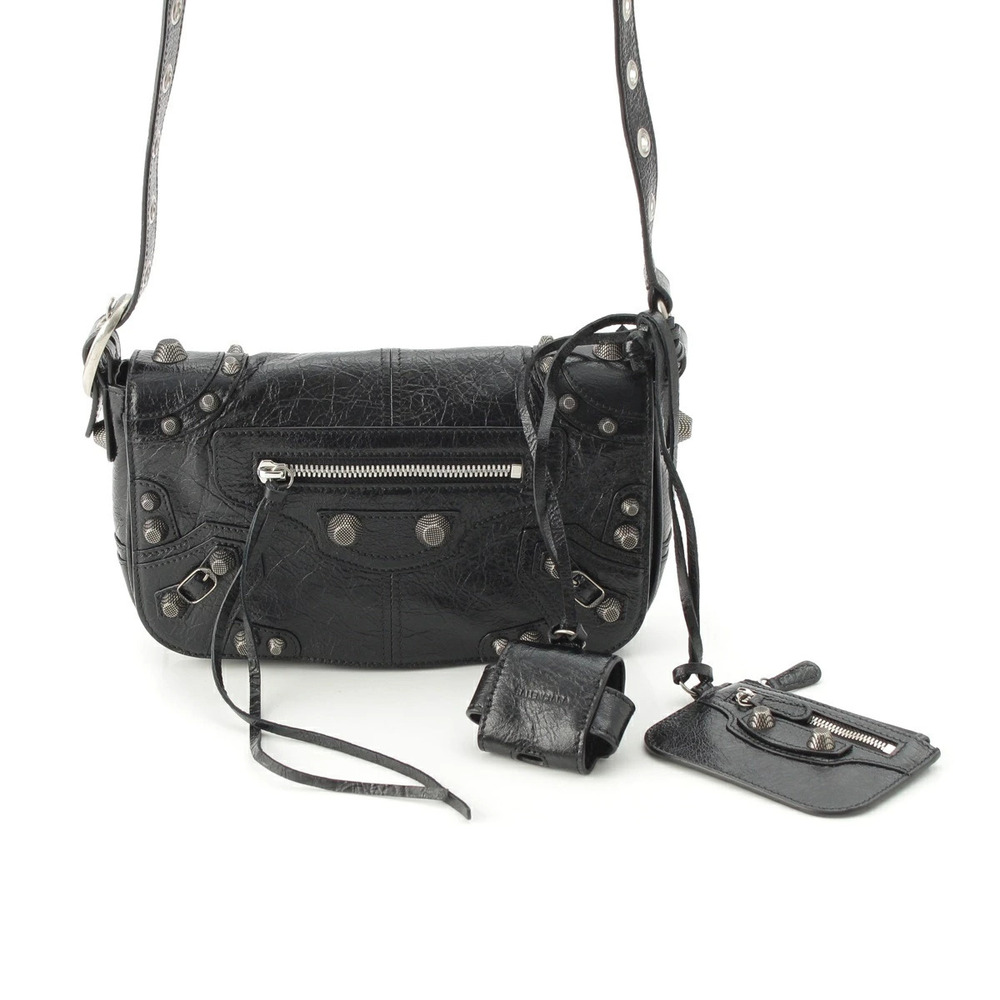 Balenciaga Cagol Arena Lambskin Shiny Shoulder Bag Key Charm Black